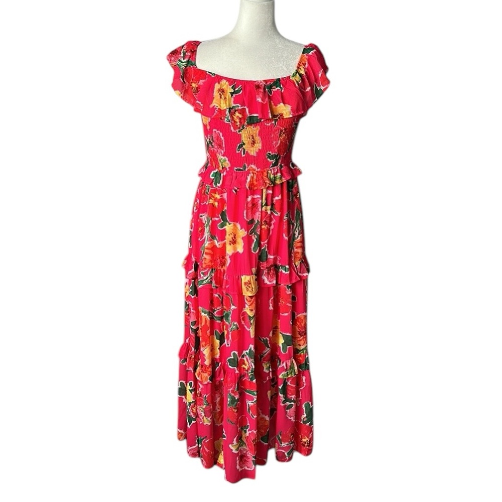 Flying Tomato Pink floral print midi off the shoulder dress summer vacay  size L